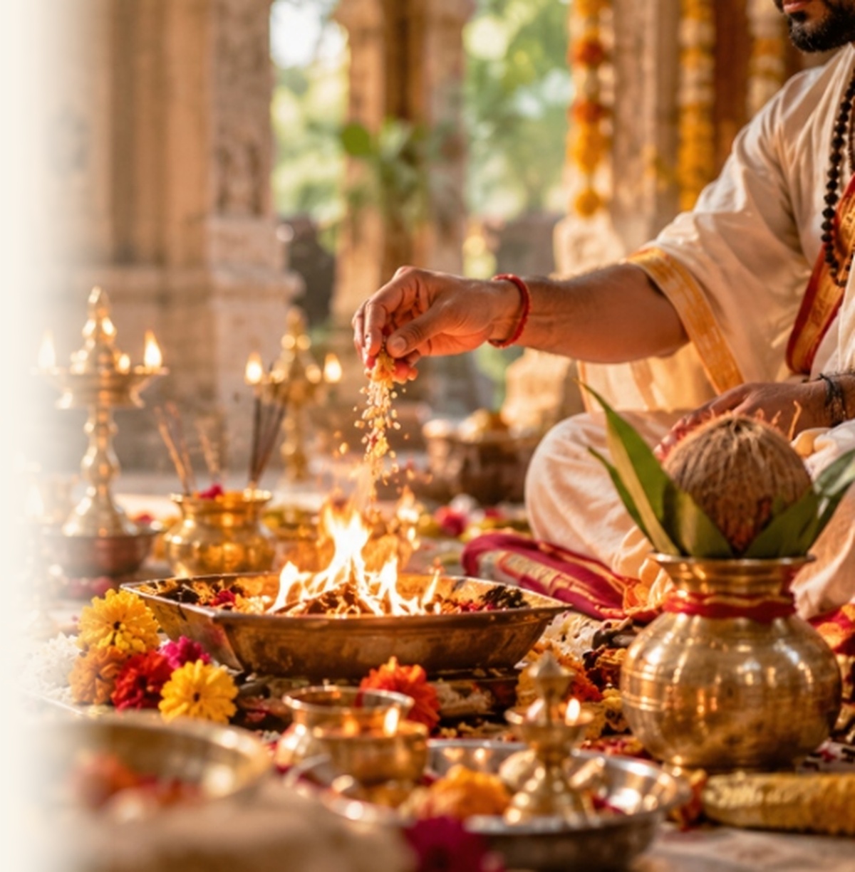 Vedic Pandit performing sacred havan ceremony with holy fire, brass kalash, offerings and diya lamps in a temple pavilion